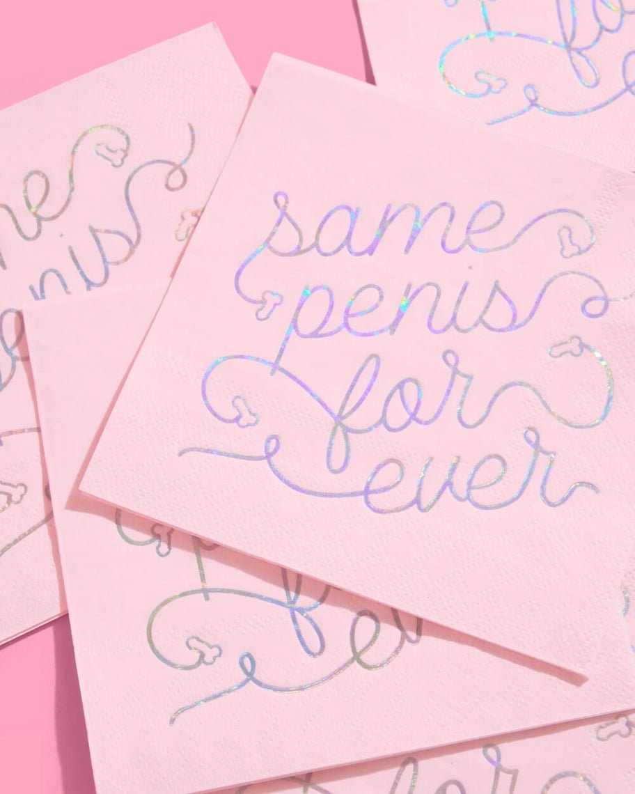 Pink bachelorette napkin with fun handwritten text from Parte Haus party supply store in Bethesda MD