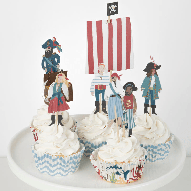 Colorful pirate cupcake toppers with striped sails for pirate birthday from Parte Haus party supply store in Bethesda MD