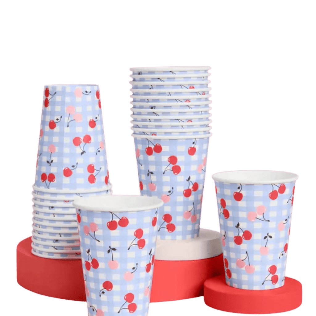 Blue cherry paper cups pastel gingham print for picnic theme from Parte Haus party supply store in Bethesda Maryland