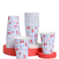 Blue cherry paper cups pastel gingham print for picnic theme from Parte Haus party supply store in Bethesda Maryland