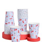 Blue cherry paper cups pastel gingham print for picnic theme from Parte Haus party supply store in Bethesda Maryland