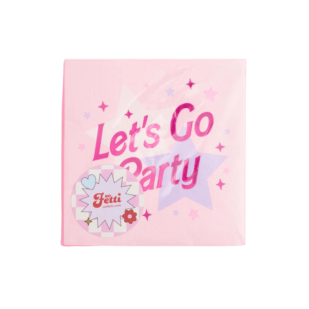 Pink Lets Go Party napkin with star pattern for celebration theme from Parte Haus party supply store in Bethesda Maryland