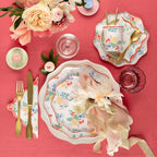 Pink floral plate set with gold utensils and pastel spring decor for brunch from Parte Haus party supply store in Bethesda MD.