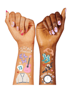 Colorful temporary tattoo sheet Taylor Swift theme on hands from Parte Haus party supply store in Bethesda Maryland