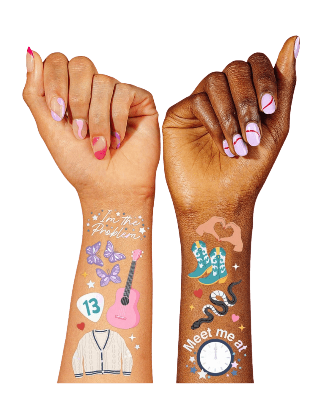 Colorful temporary tattoo sheet Taylor Swift theme on hands from Parte Haus party supply store in Bethesda Maryland