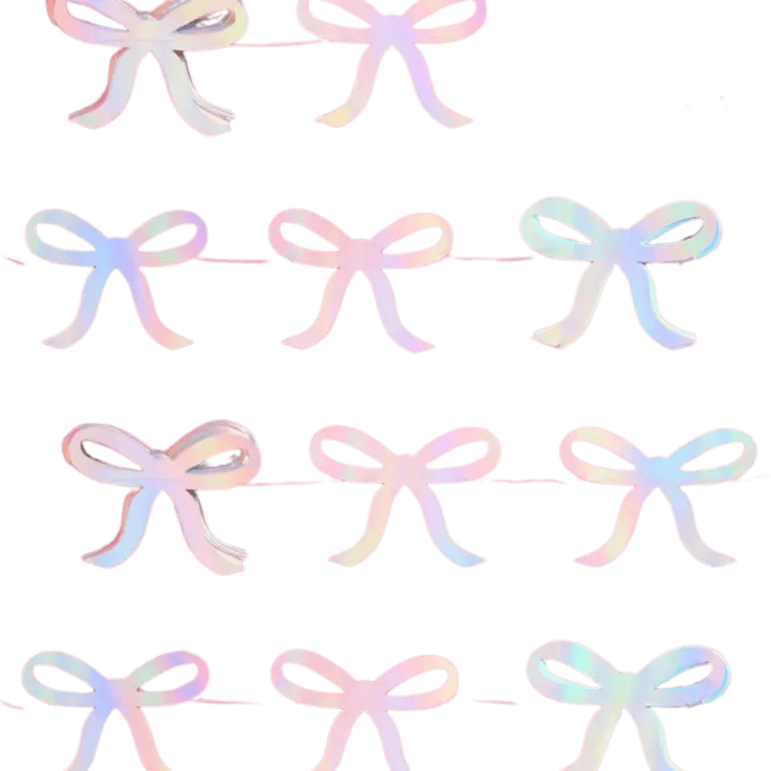 Iridescent bow garland pastel string decoration birthday from Parte Haus party supply store in Bethesda Maryland