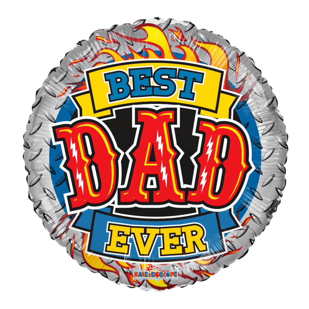 Silver and red foil balloon with Best Dad Ever and flame design for Father's Day from Parte Haus party supply store in Bethesda Maryland