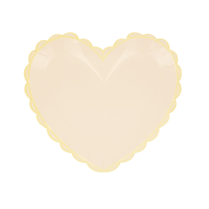 Pale yellow heart shaped plate with scalloped edge for romantic celebrations from Parte Haus party supply store in Bethesda MD