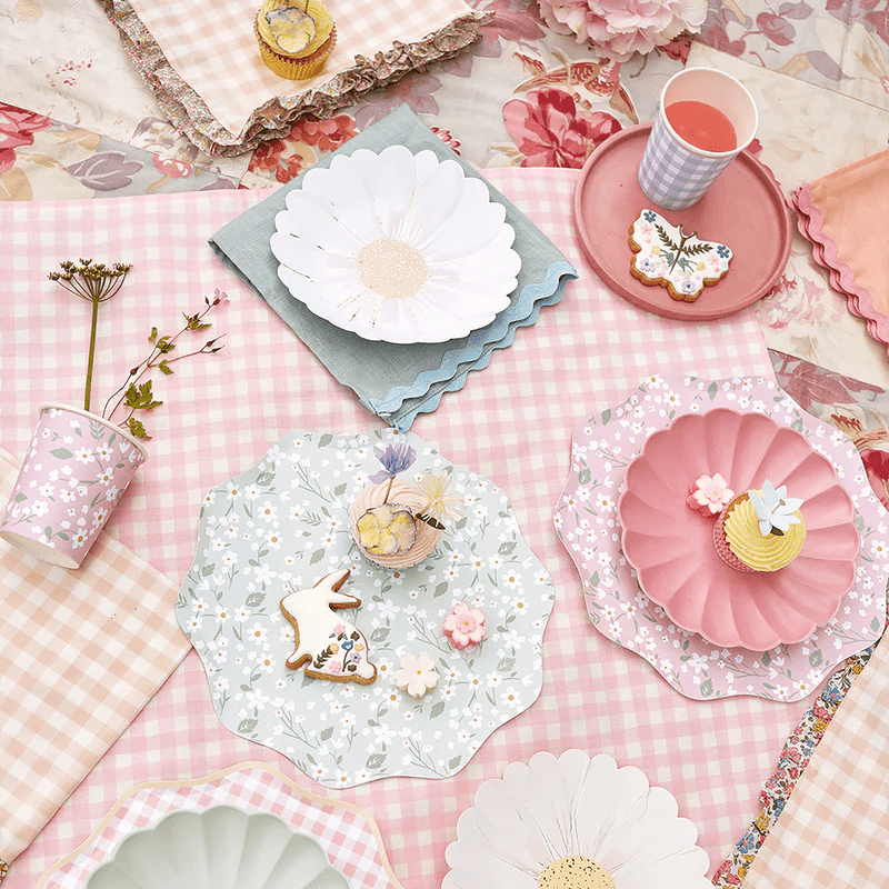 Floral pastel paper plates cups and napkins for spring picnic from Parte Haus party supply store in Bethesda Maryland