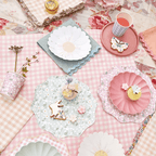 Floral pastel paper plates cups and napkins for spring picnic from Parte Haus party supply store in Bethesda Maryland