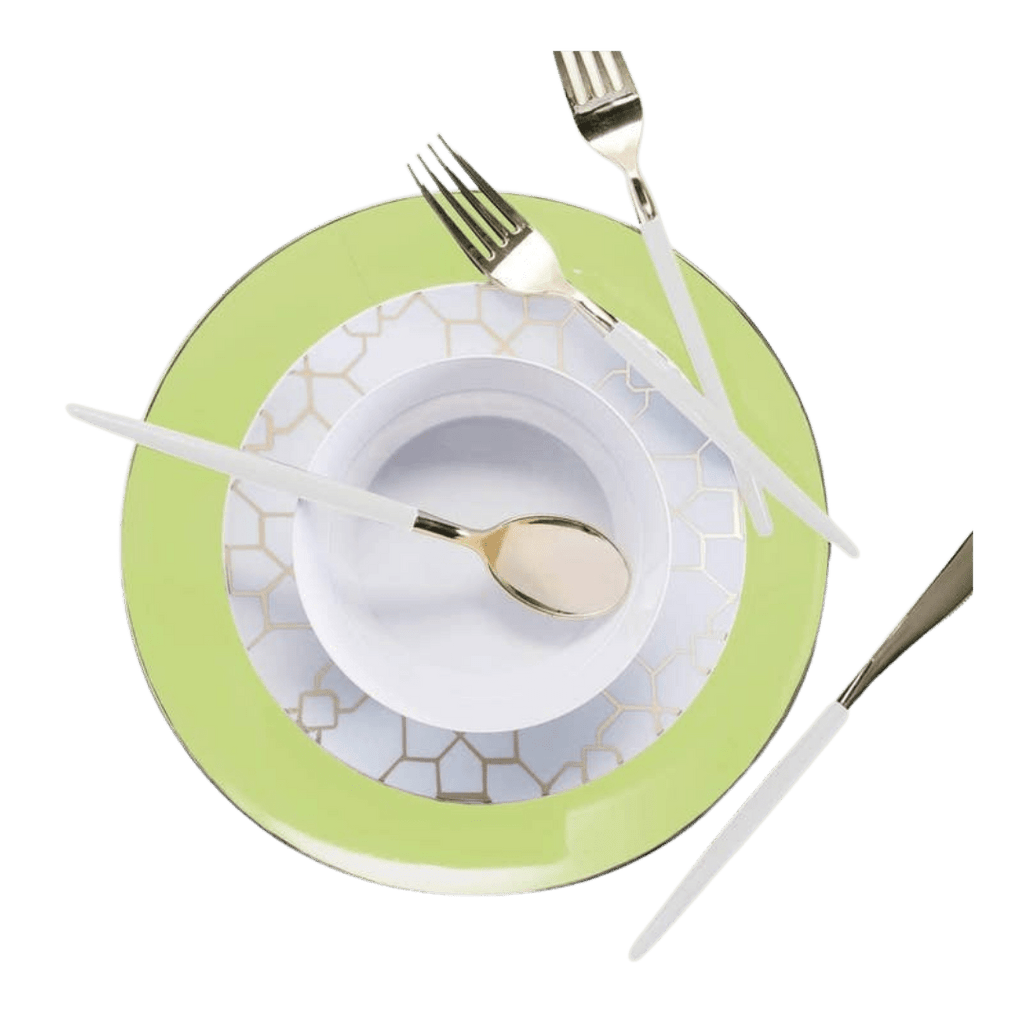 Green and white dinnerware set with gold utensils for elegant events from Parte Haus party supply store in Bethesda Maryland
