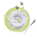 Green and white dinnerware set with gold utensils for elegant events from Parte Haus party supply store in Bethesda Maryland