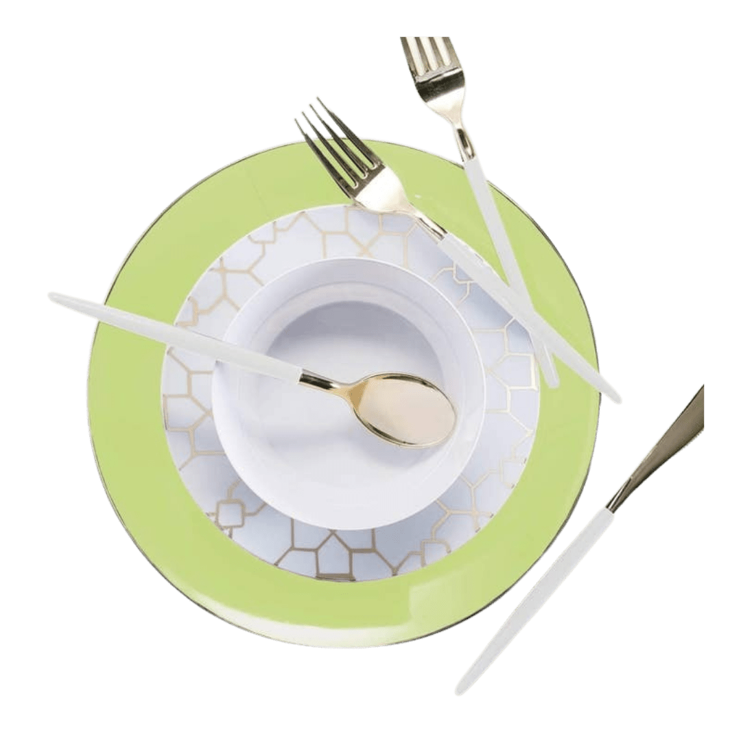Green and white dinnerware set with gold utensils for elegant events from Parte Haus party supply store in Bethesda Maryland