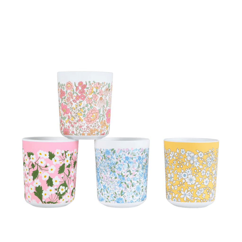 Multicolor floral paper cups with bright flower patterns birthday theme from Parte Haus party supply store in Bethesda MD.