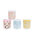 Multicolor floral paper cups with bright flower patterns birthday theme from Parte Haus party supply store in Bethesda MD.