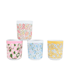 Multicolor floral paper cups with bright flower patterns birthday theme from Parte Haus party supply store in Bethesda MD.
