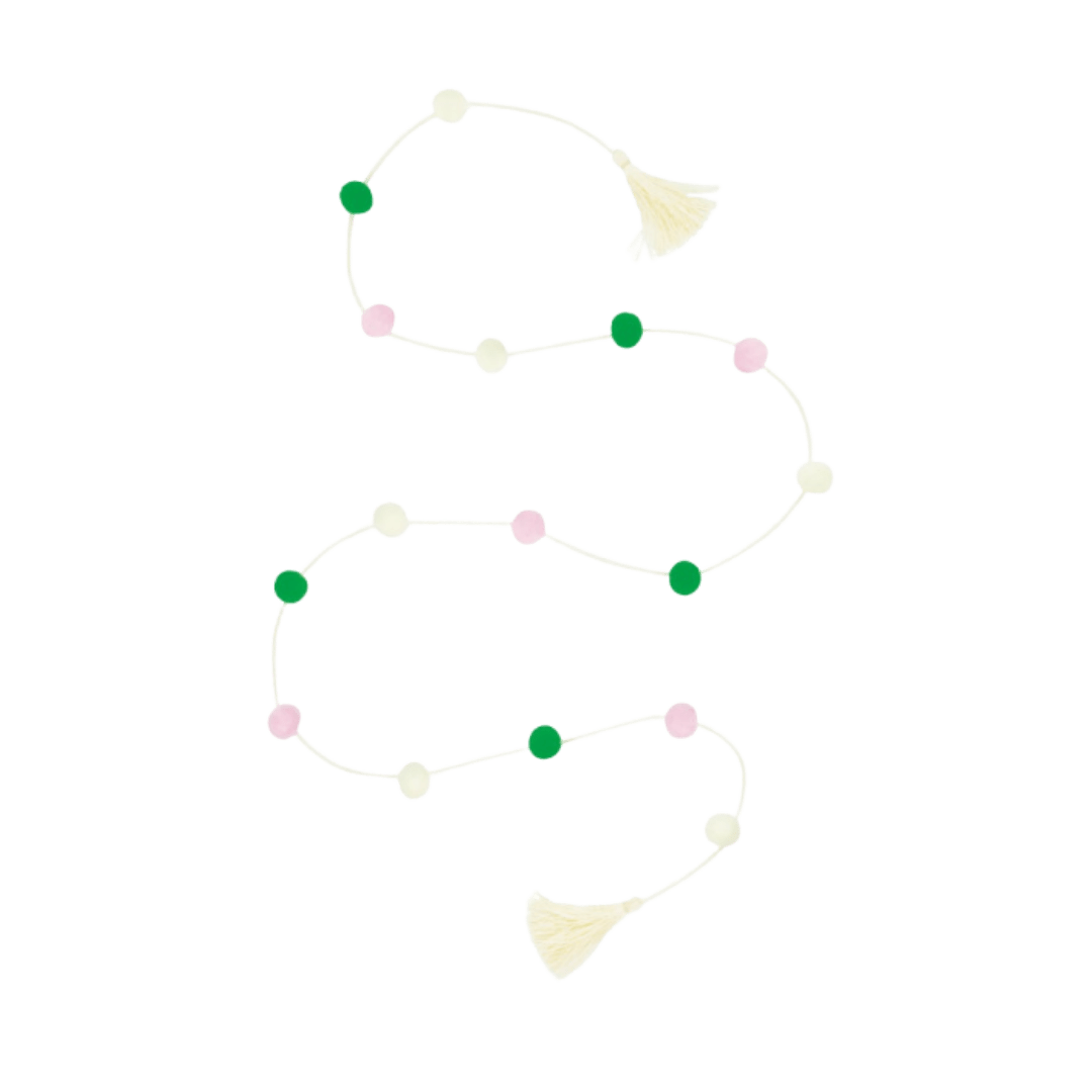 Green pink and white garland string with tassels Birthday decor from Parte Haus party supply store in Bethesda Maryland