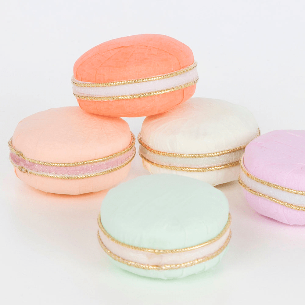 Pastel macaron favor box shaped decorations for birthday celebration from Parte Haus party supply store in Bethesda MD
