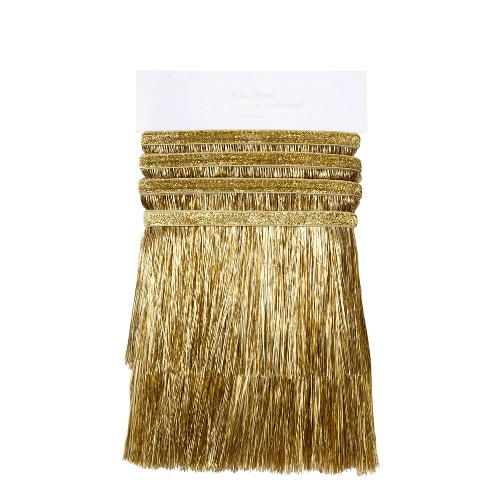 Gold tinsel garland shiny metallic fringe decoration festive celebration from Parte Haus party supply store in Bethesda MD