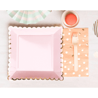 Pink square plate with gold trim pastel table setting for birthday from Parte Haus party supply store in Bethesda MD