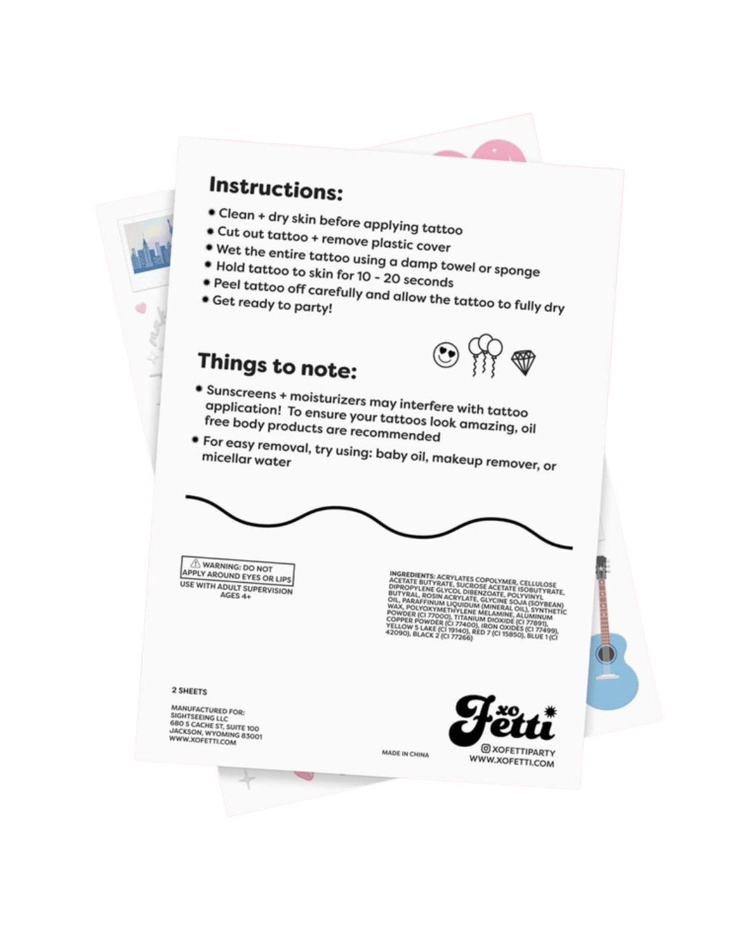 Multicolor temporary tattoo instruction sheet with icons for birthday celebration from Parte Haus party supply store in Bethesda Maryland