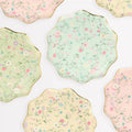 Pastel floral plates with scalloped edges for garden party theme from Parte Haus party supply store in Bethesda MD