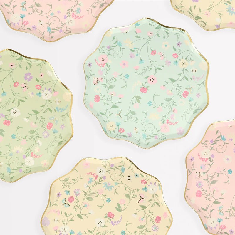 Pastel floral plates with scalloped edges for garden party theme from Parte Haus party supply store in Bethesda MD