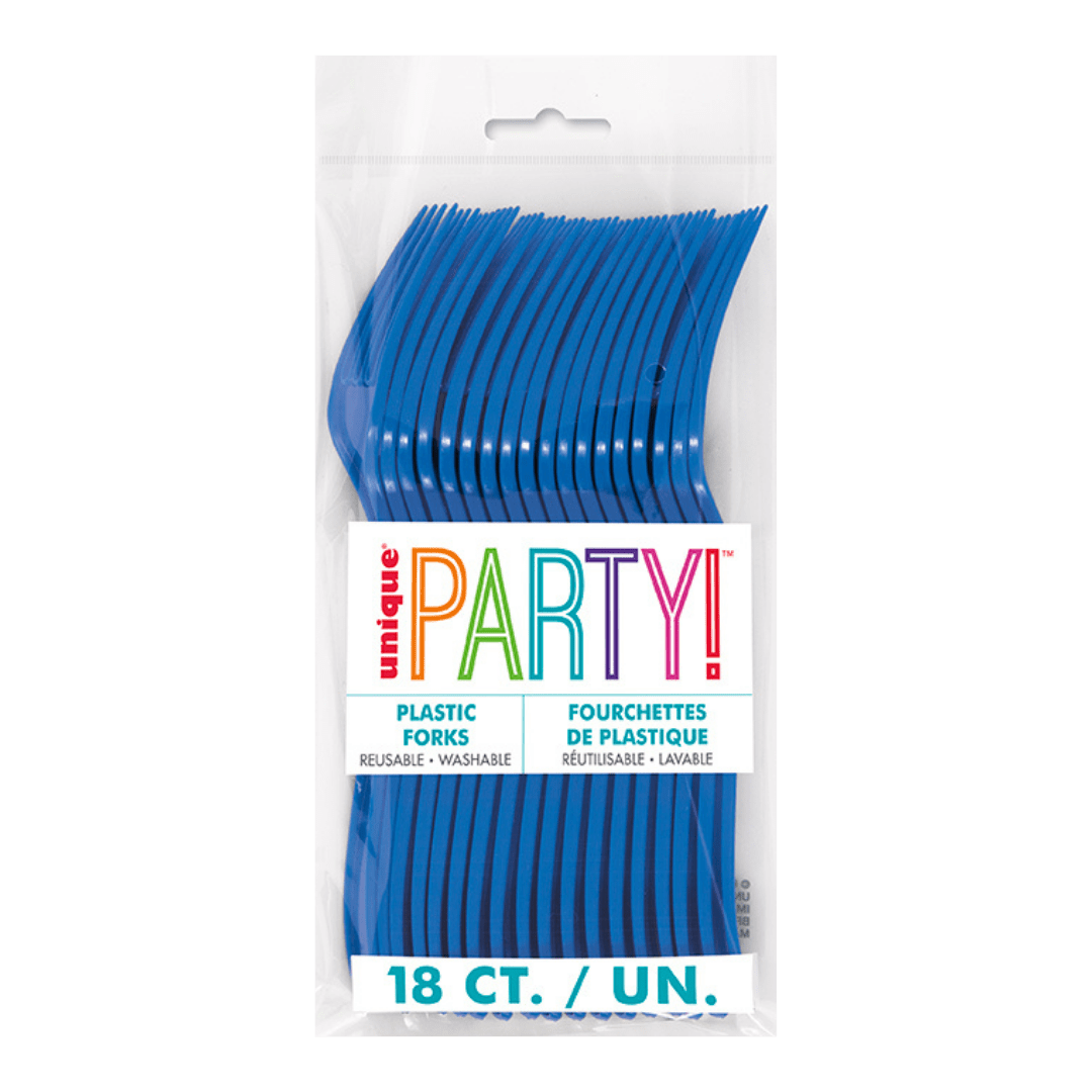 Blue plastic forks in a clear 18 pack for birthdays from Parte Haus party supply store in Bethesda Maryland