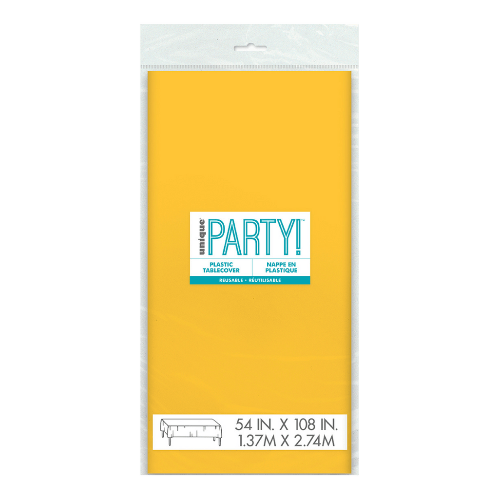 Yellow plastic tablecover packaged for classic celebration from Parte Haus party supply store in Bethesda Maryland