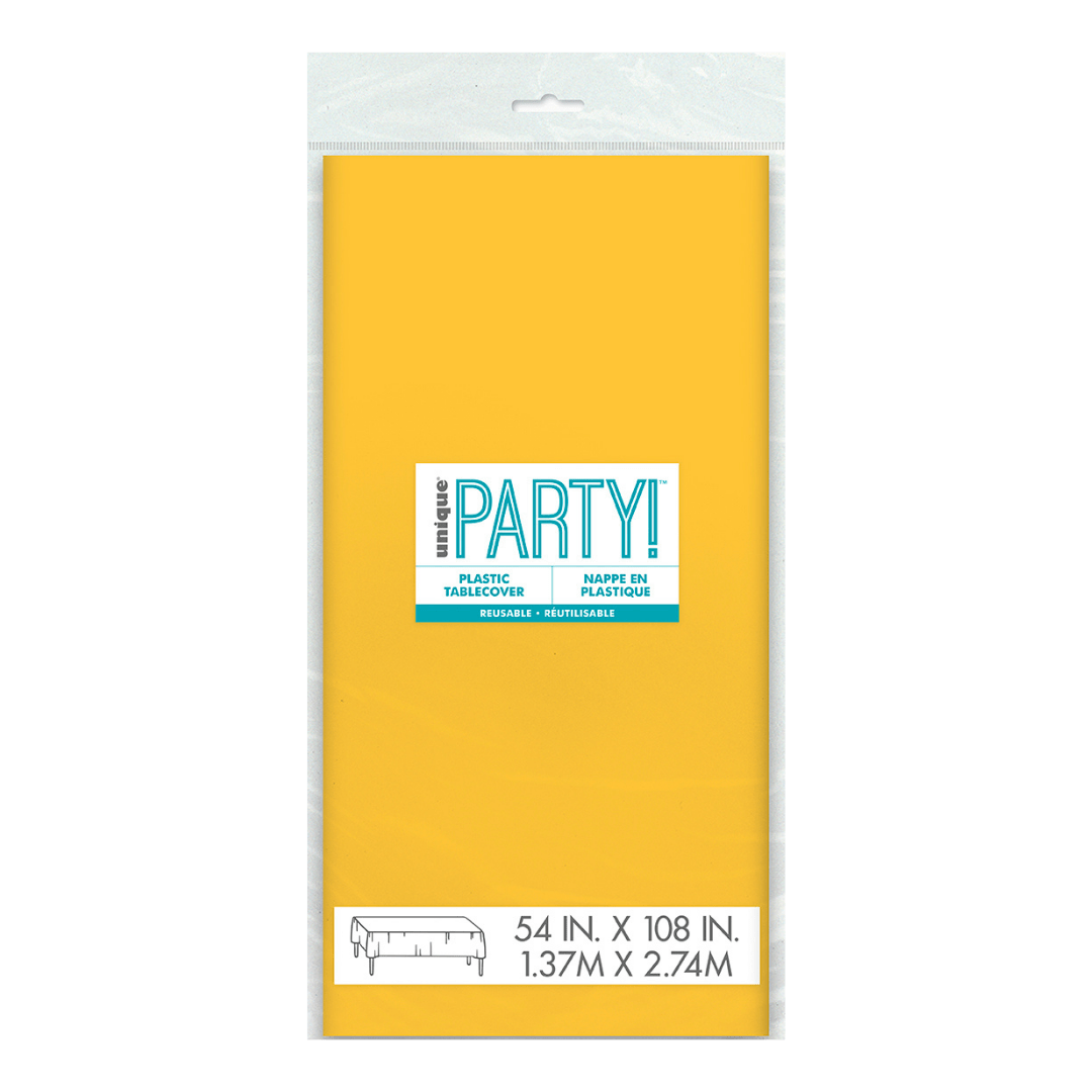 Yellow plastic tablecover packaged for classic celebration from Parte Haus party supply store in Bethesda Maryland