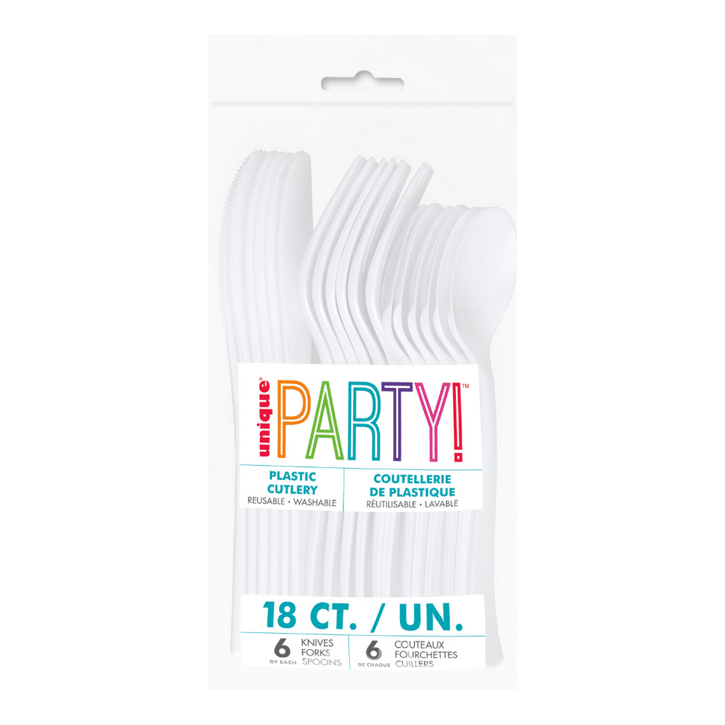 White plastic cutlery pack with forks knives spoons for celebrations from Parte Haus party supply store in Bethesda MD