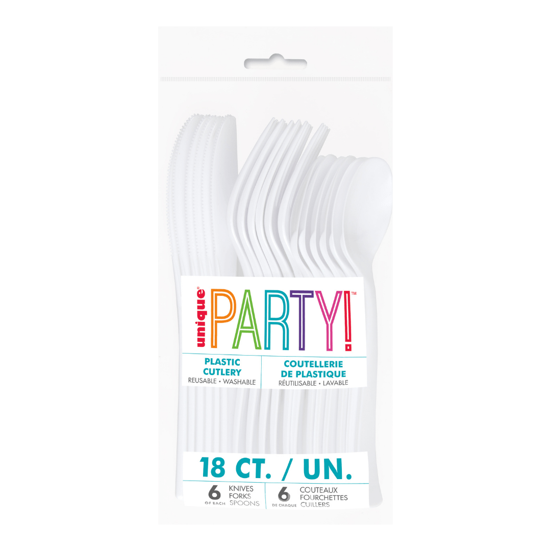 White plastic cutlery pack with forks knives spoons for celebrations from Parte Haus party supply store in Bethesda MD