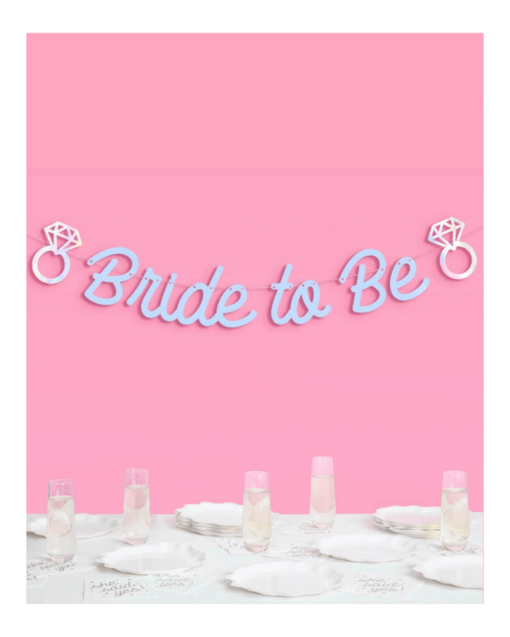 Light blue bride to be banner with diamond rings bridal shower from Parte Haus party supply store in Bethesda Maryland
