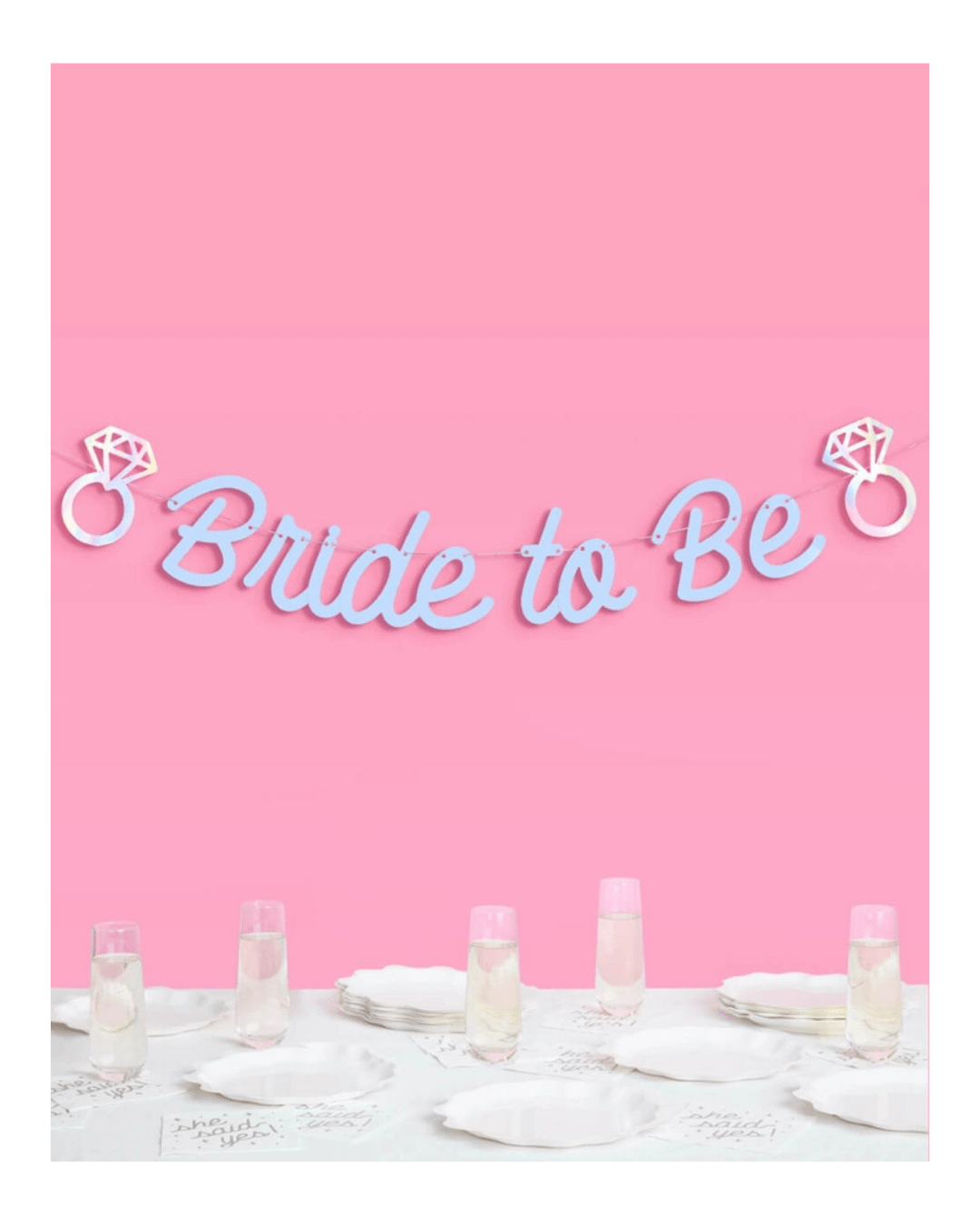 Light blue bride to be banner with diamond rings bridal shower from Parte Haus party supply store in Bethesda Maryland