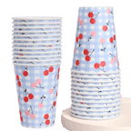 Light blue cherry paper cups with checkered pattern picnic theme from Parte Haus party supply store in Bethesda MD.