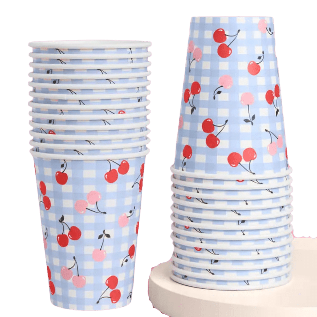 Light blue cherry paper cups with checkered pattern picnic theme from Parte Haus party supply store in Bethesda MD.