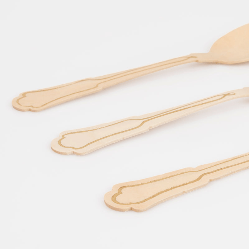 Natural wood utensils with gold trim vintage design for celebrations from Parte Haus party supply store in Bethesda Maryland