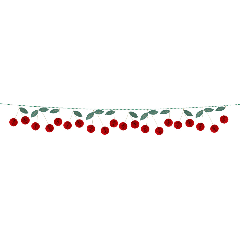 Red cherry garland banner with green leaves summer picnic theme from Parte Haus party supply store in Bethesda MD
