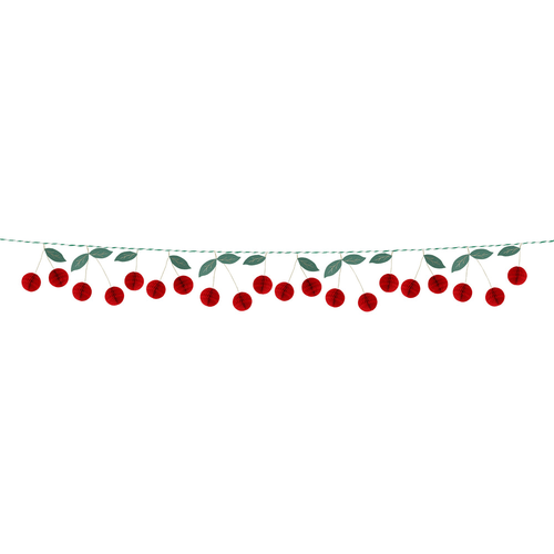 Red cherry garland banner with green leaves summer picnic theme from Parte Haus party supply store in Bethesda MD