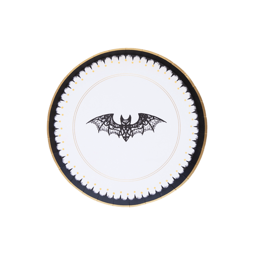 Black and white Halloween bat paper plate with gold trim from Parte Haus party supply store in Bethesda MD