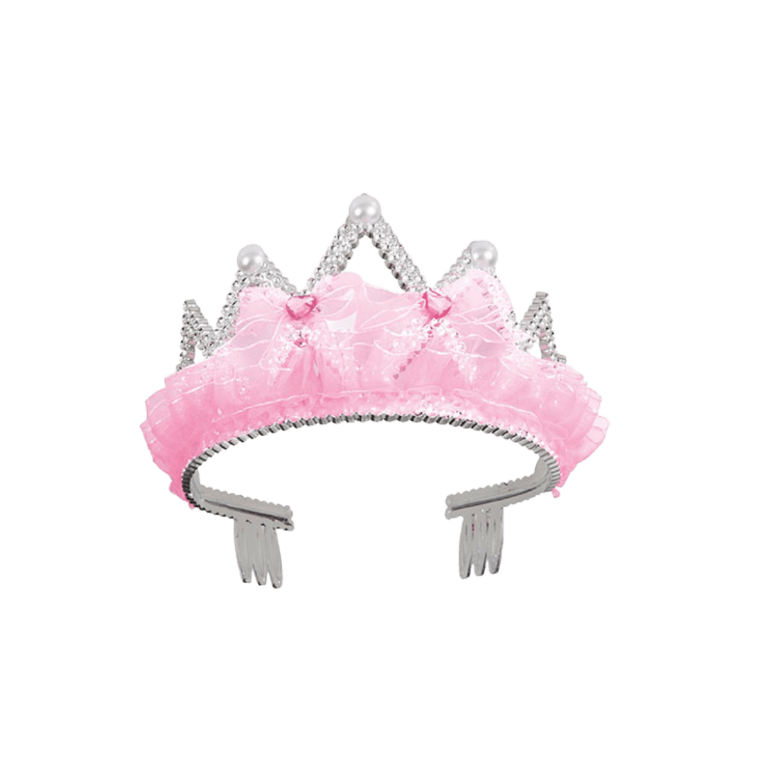Pink princess tiara headband with lace and pearls birthday theme from Parte Haus party supply store in Bethesda MD.