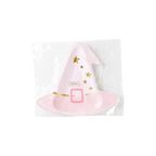 Pink witch hat paper plate with gold stars Halloween theme from Parte Haus party supply store in Bethesda MD