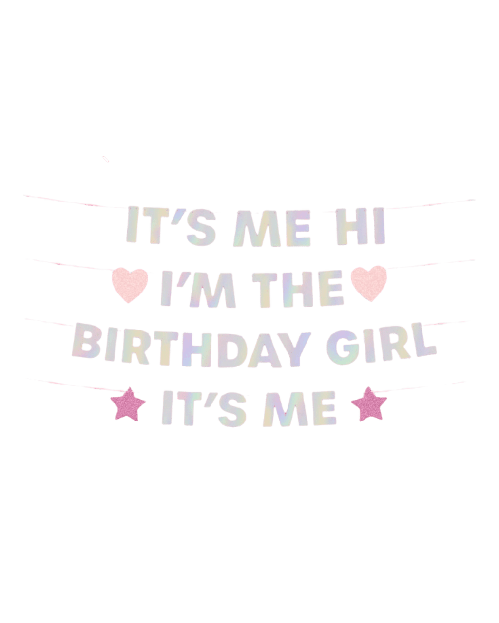 Iridescent birthday banner with pink hearts and stars birthday theme from Parte Haus party supply store in Bethesda MD