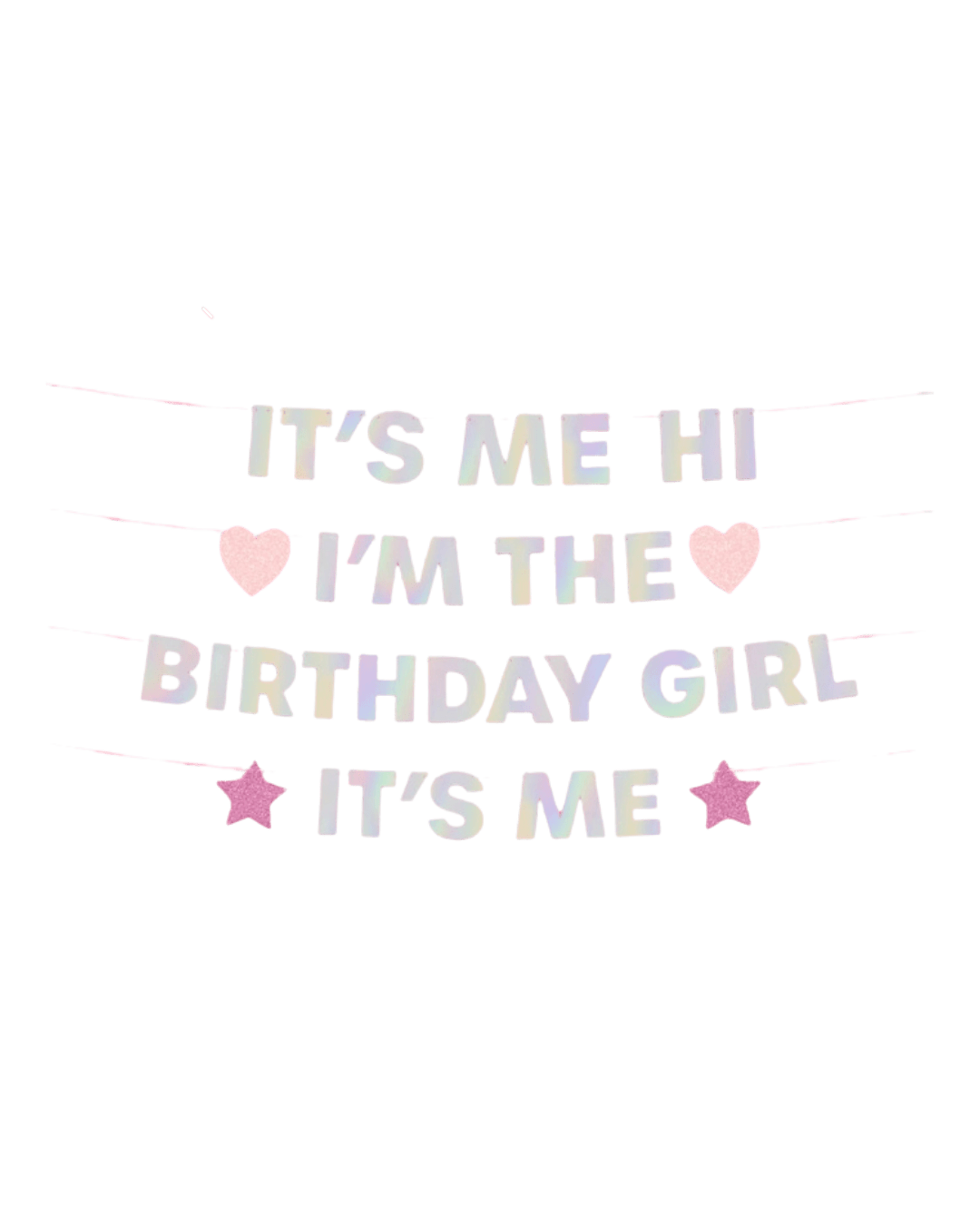 Iridescent birthday banner with pink hearts and stars birthday theme from Parte Haus party supply store in Bethesda MD