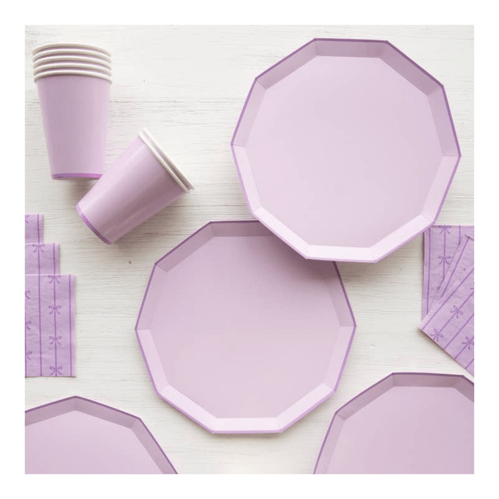 Lavender paper plates cups and napkins for birthday from Parte Haus party supply store in Bethesda Maryland