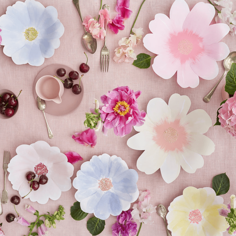 Pastel floral paper plates and tableware for spring garden theme from Parte Haus party supply store in Bethesda MD.