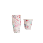 Pink paper cups with cute doodles birthday theme from Parte Haus party supply store in Bethesda Maryland