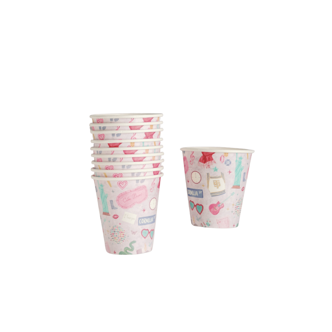 Pink paper cups with cute doodles birthday theme from Parte Haus party supply store in Bethesda Maryland