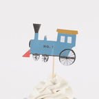 Blue train cupcake topper for kids birthday theme from Parte Haus party supply store in Bethesda Maryland