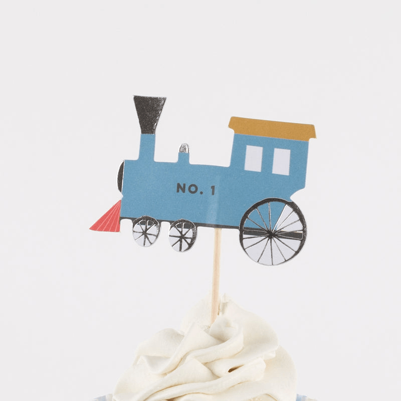 Blue train cupcake topper for kids birthday theme from Parte Haus party supply store in Bethesda Maryland